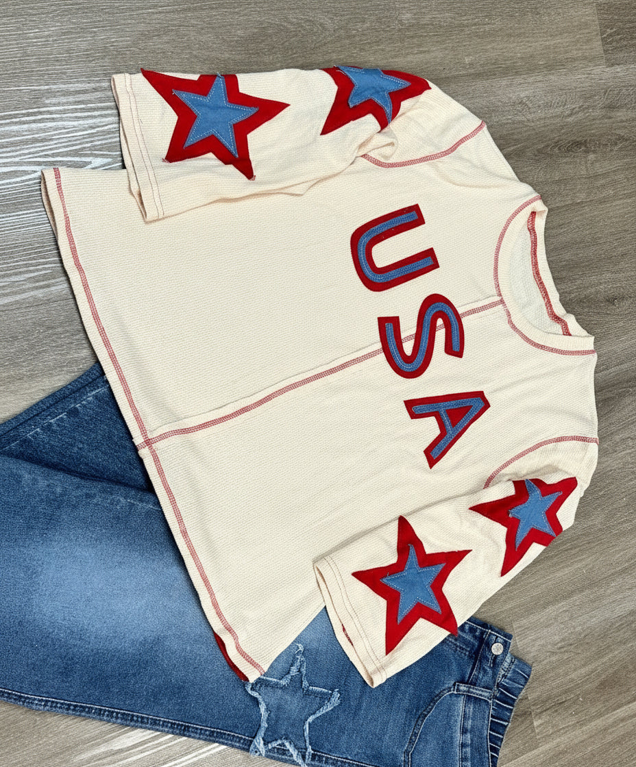 USA Patchwork Exposed Seam Long Sleeve Top