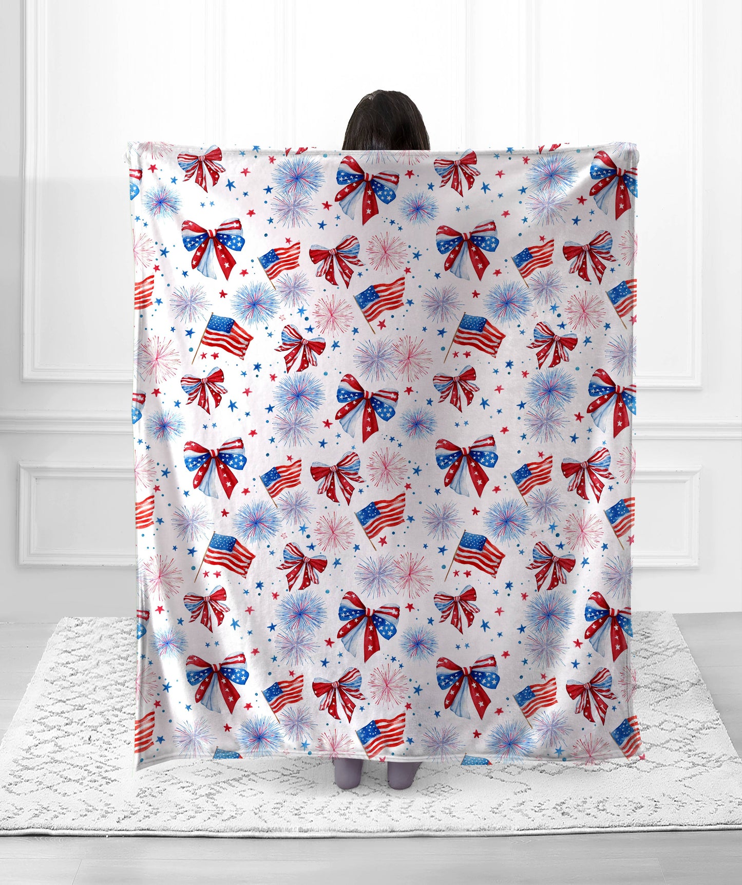 "Patriotic Bows" 1-Ply Faux Fur Everyday Designer Blanket