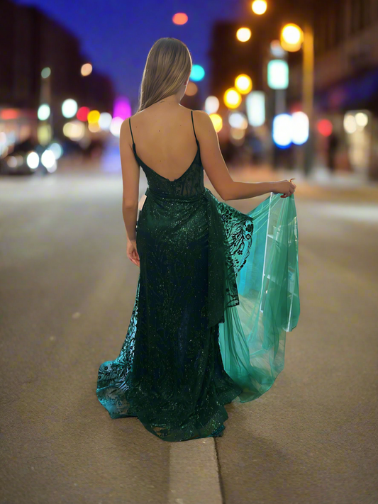 $70!! FIT AND FLARE GLITTER PRINT GOWN WITH SIDE PEPLUM: EMERALD