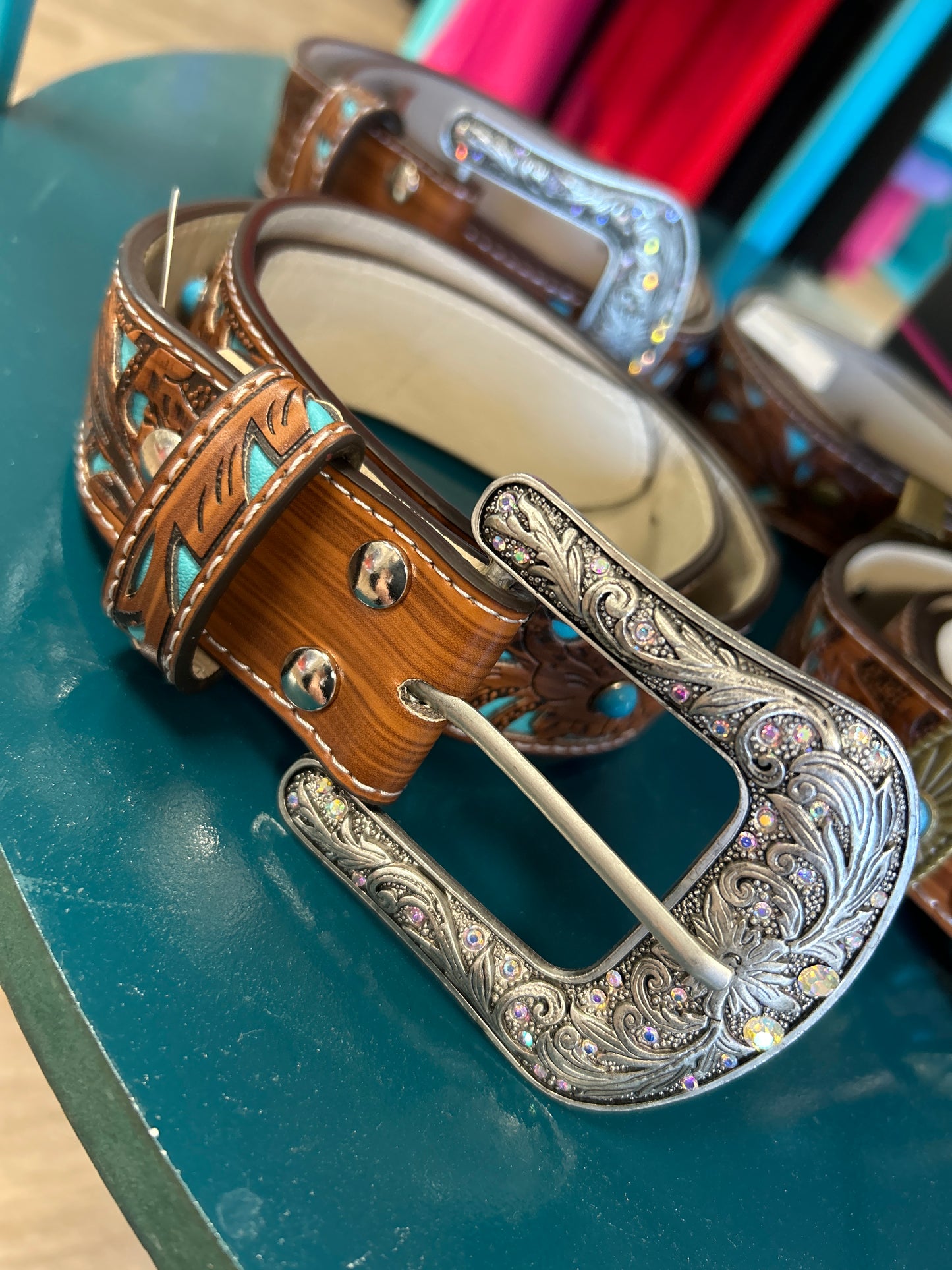 Turquoise/leather rhinestone belt