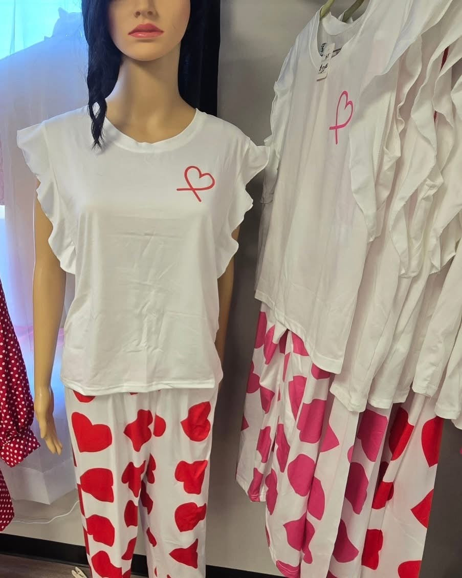 Ruffled tank top/Heart pant pajamas Red or Pink