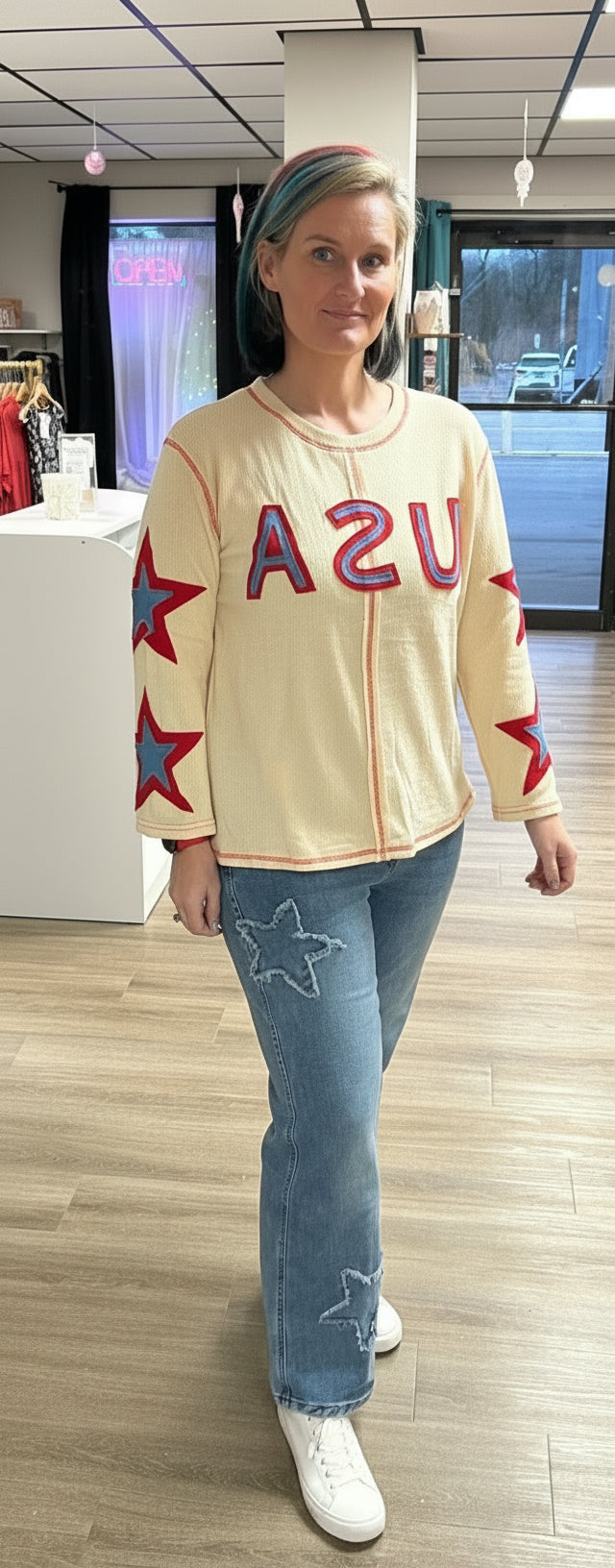 USA Patchwork Exposed Seam Long Sleeve Top
