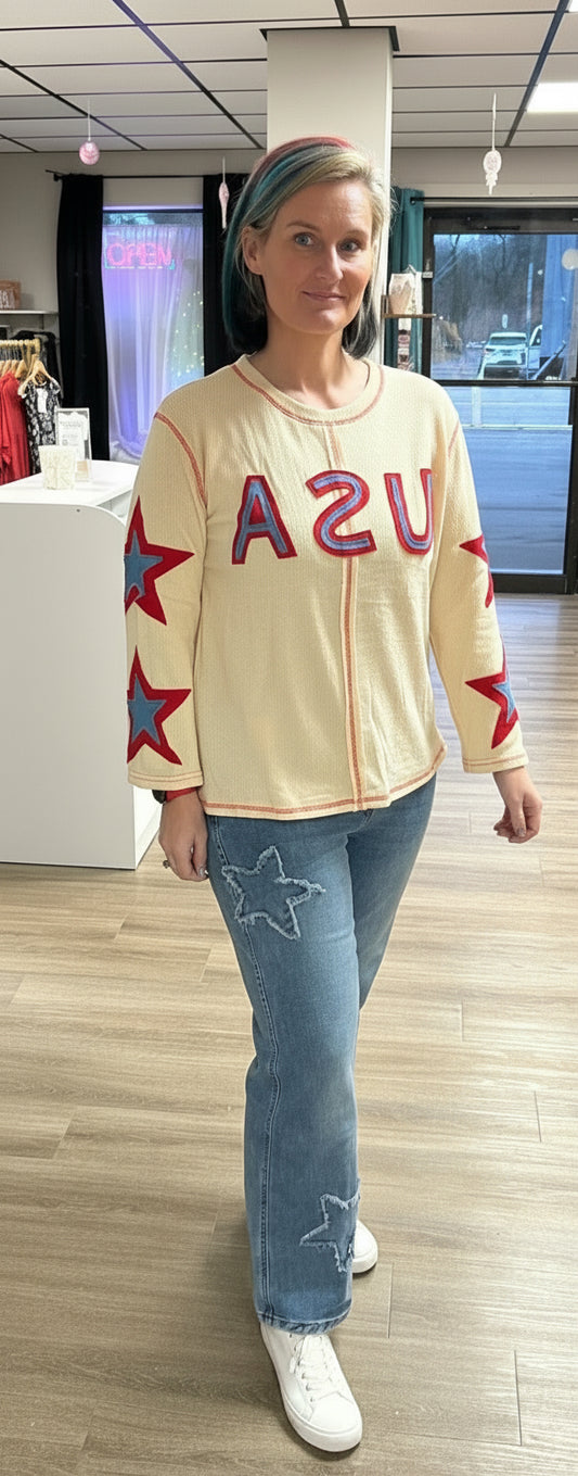 USA Patchwork Exposed Seam Long Sleeve Top