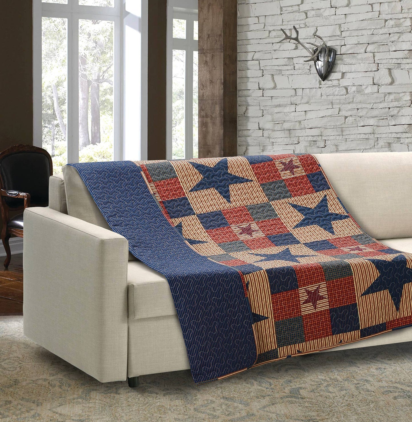"Mountain Cabin Blue"  Quilted Throw Blanket 50"x60"