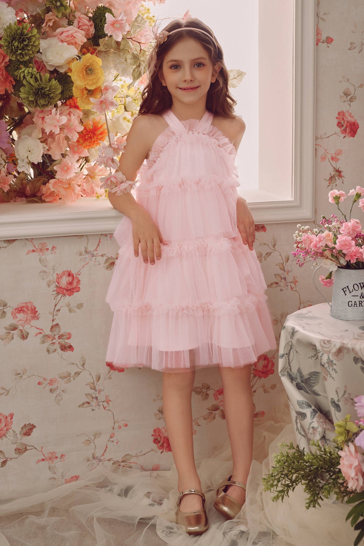 Halter Neck Pearl Tiered Tulle Birthday Party Dress