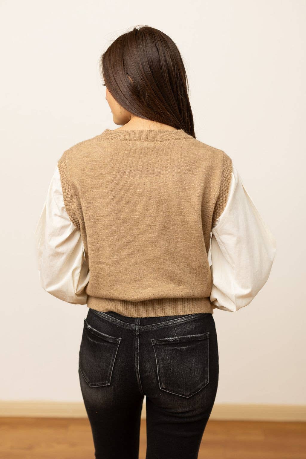 Tan Sweater Vest with Cream Sleeves: Beige Grace+Emma