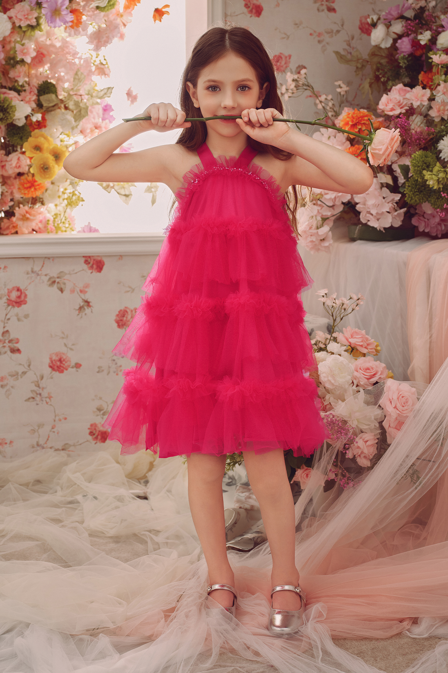 Halter Neck Pearl Tiered Tulle Birthday Party Dress