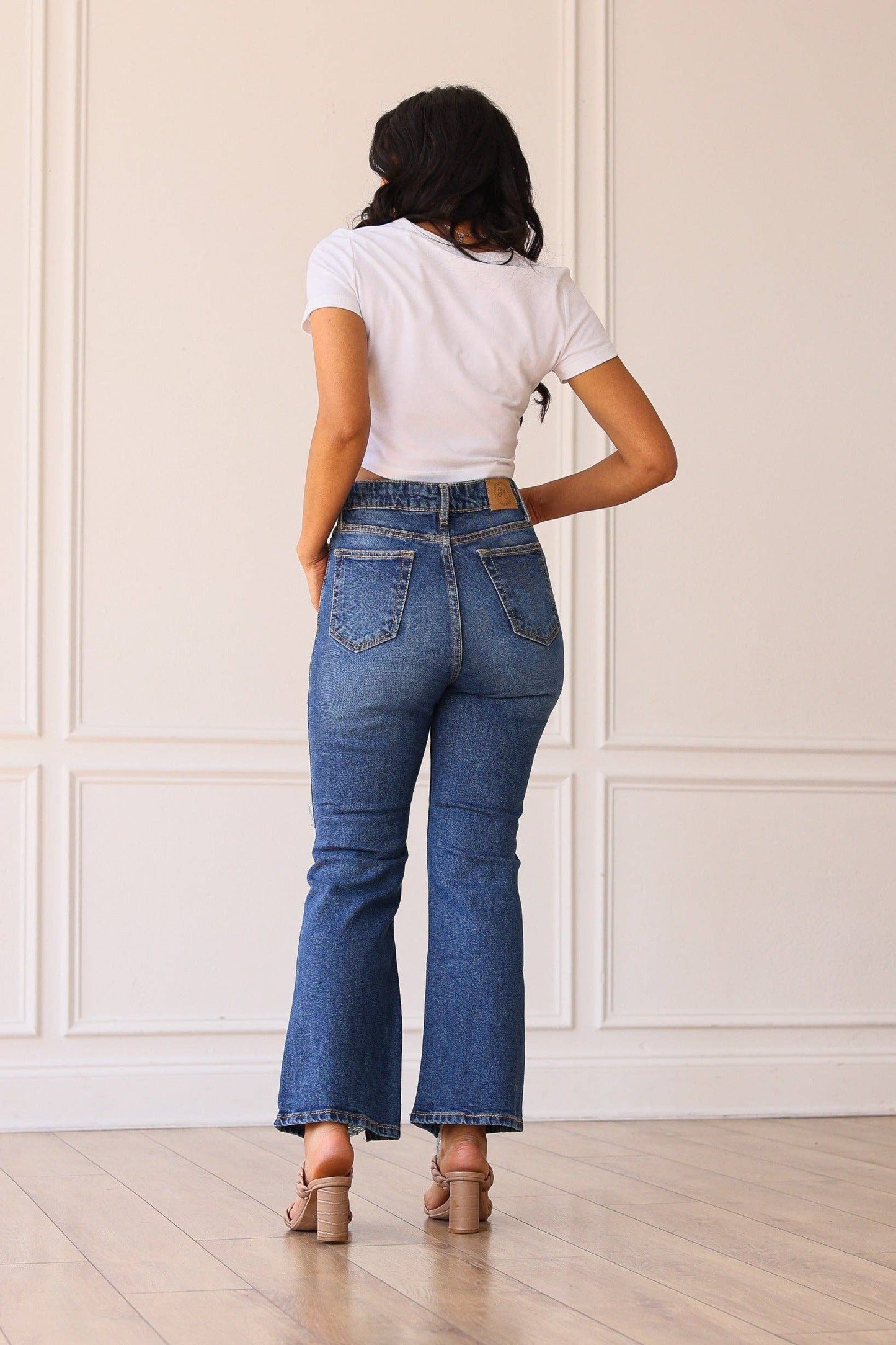 The Blake Mid Washed Mid Rise Distressed Crop Flare: Grace+Emma