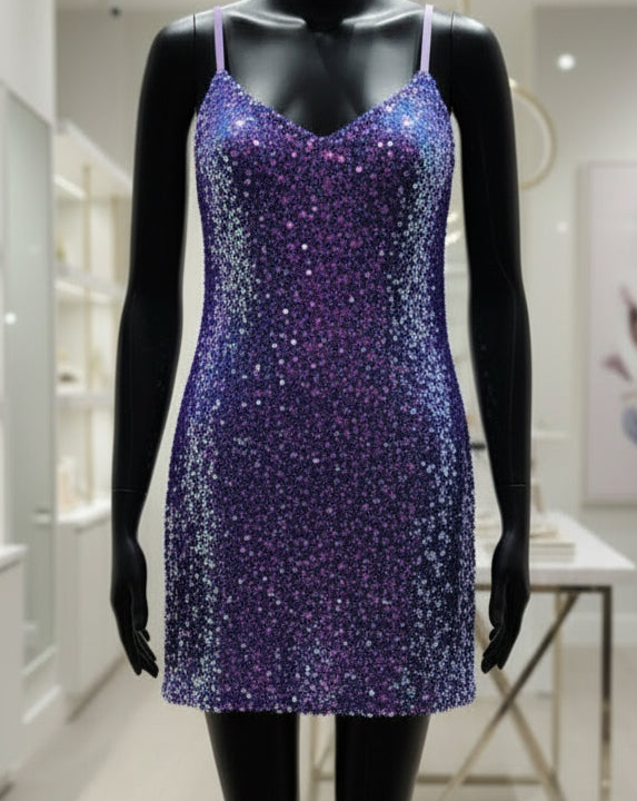 PLUS SIZE SLEEVELESS V-NECK BODYCON SEQUINS MINI DRESS- Identity