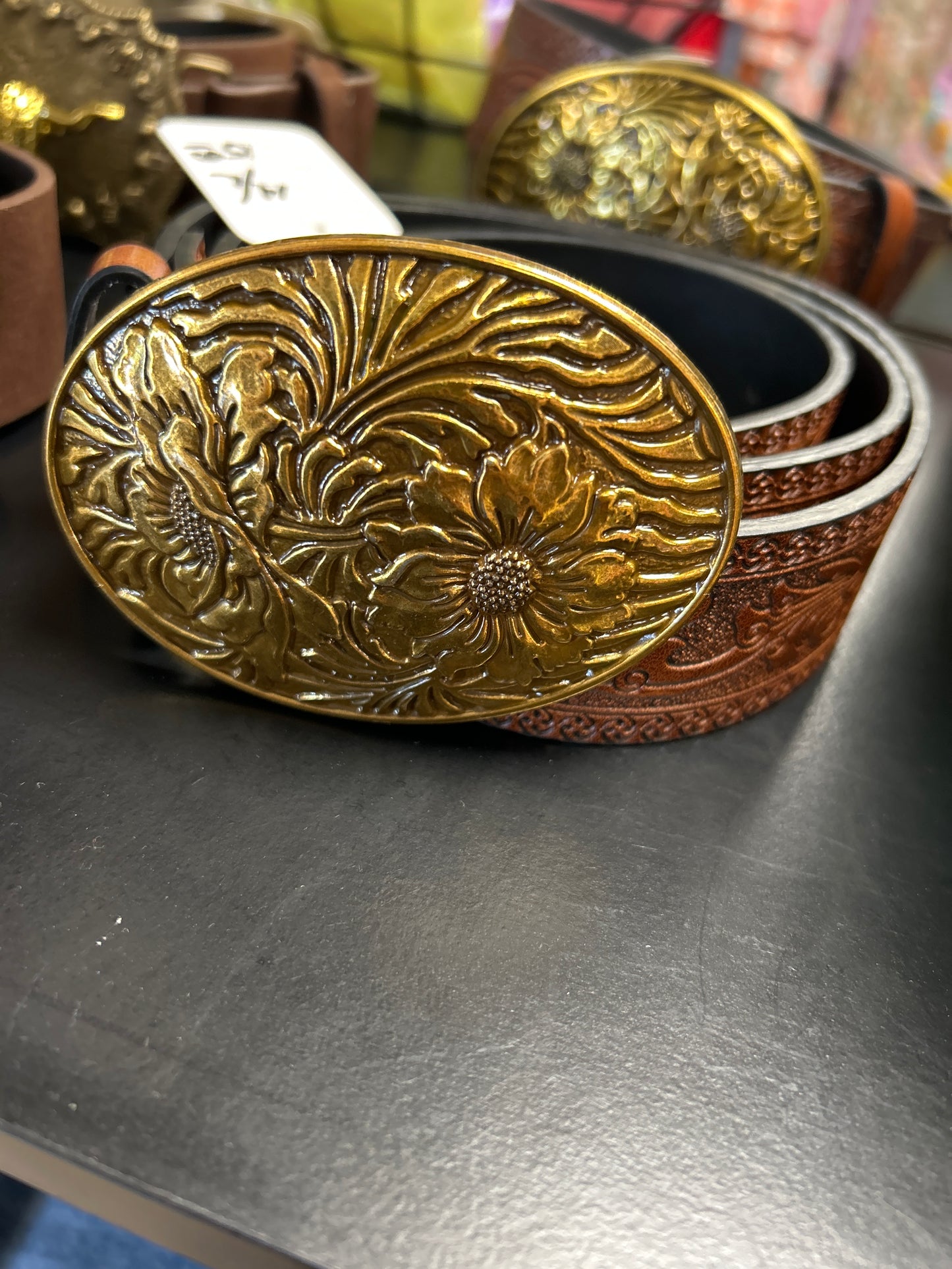 Floral buckle leather belt - large