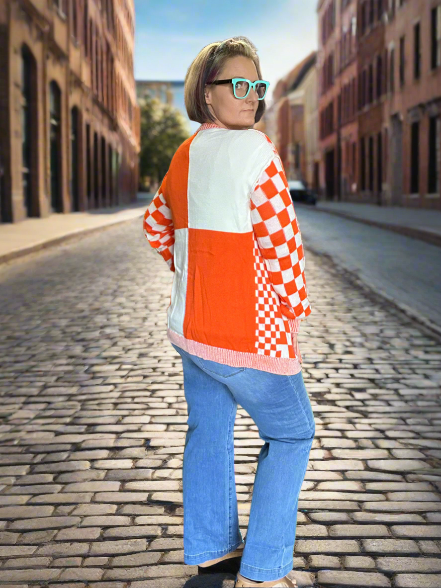 Orange Checkered Cardigan