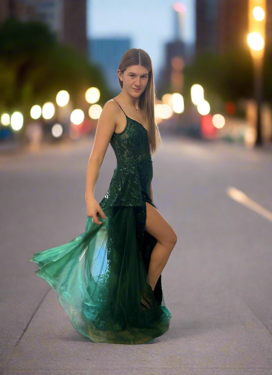 $70!! FIT AND FLARE GLITTER PRINT GOWN WITH SIDE PEPLUM: EMERALD
