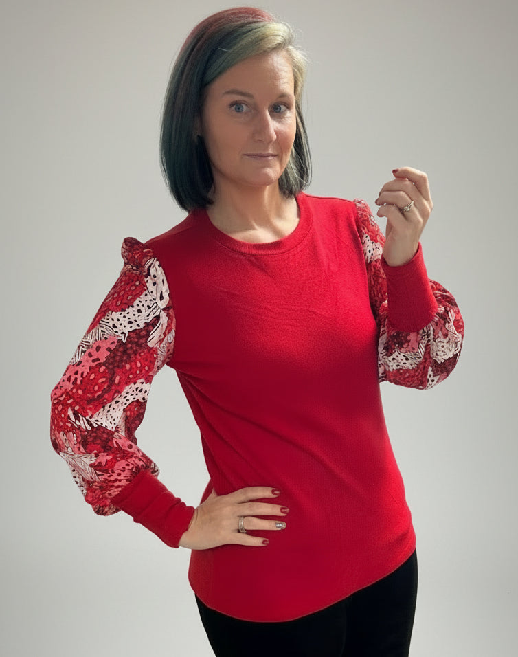 Red Contrast Mixed Animal Print Lantern Sleeve Patchwork Top