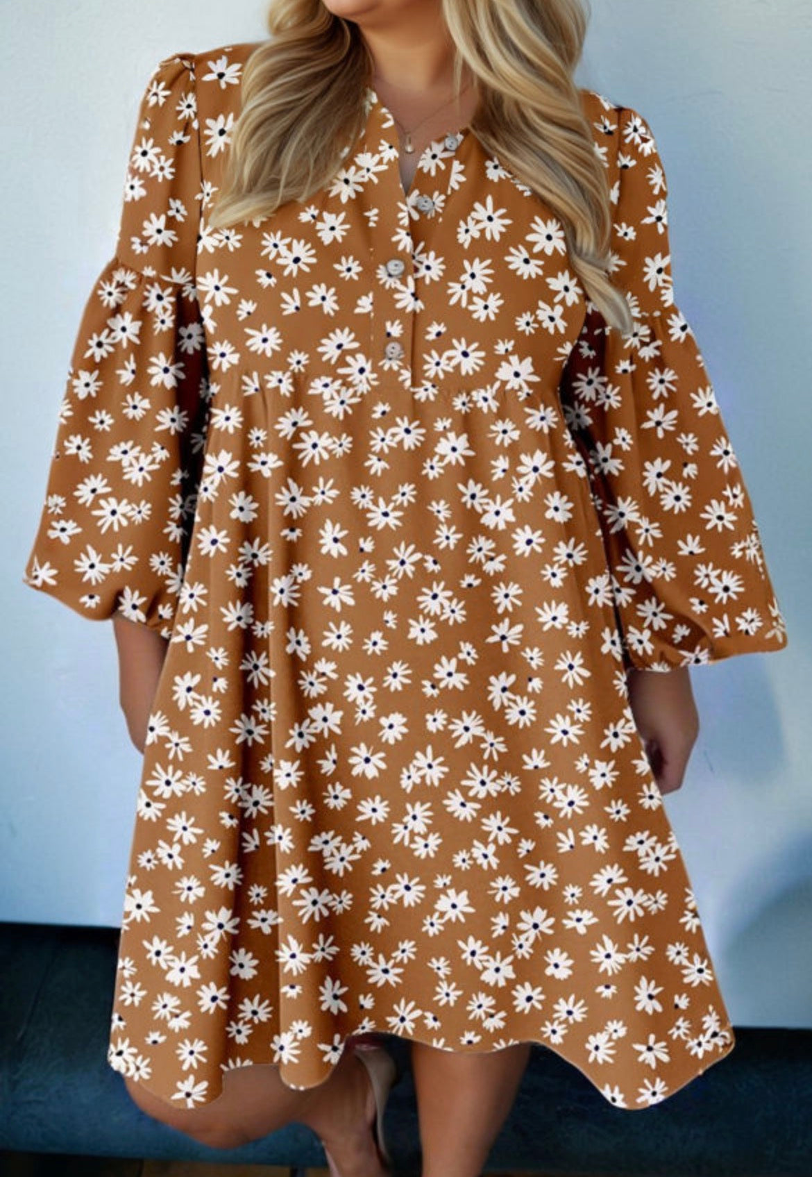 Plus Size - Daisy Floral Puff Sleeve Dress