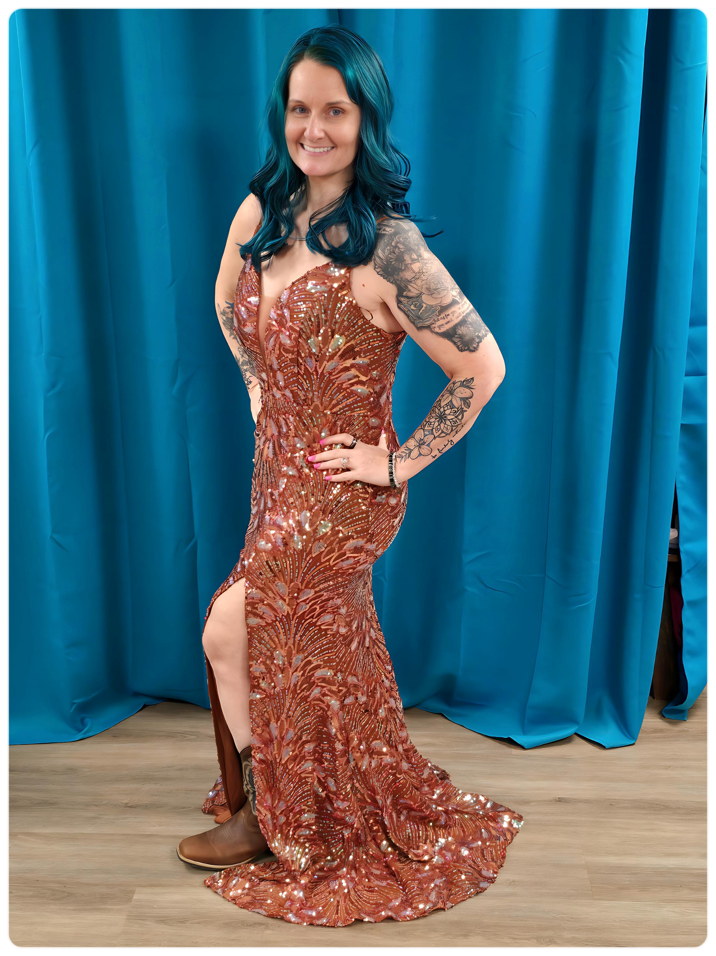 Copper/ teal  MULTI COLOR SEQUIN MAXI DRESS