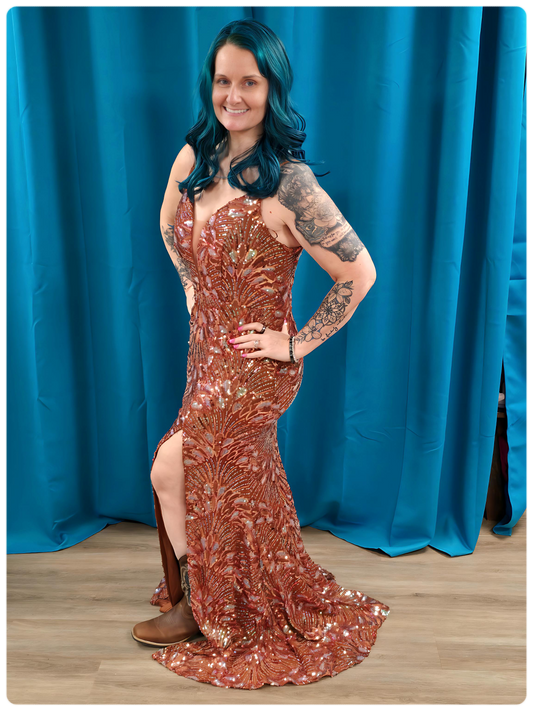 Copper/ teal  MULTI COLOR SEQUIN MAXI DRESS