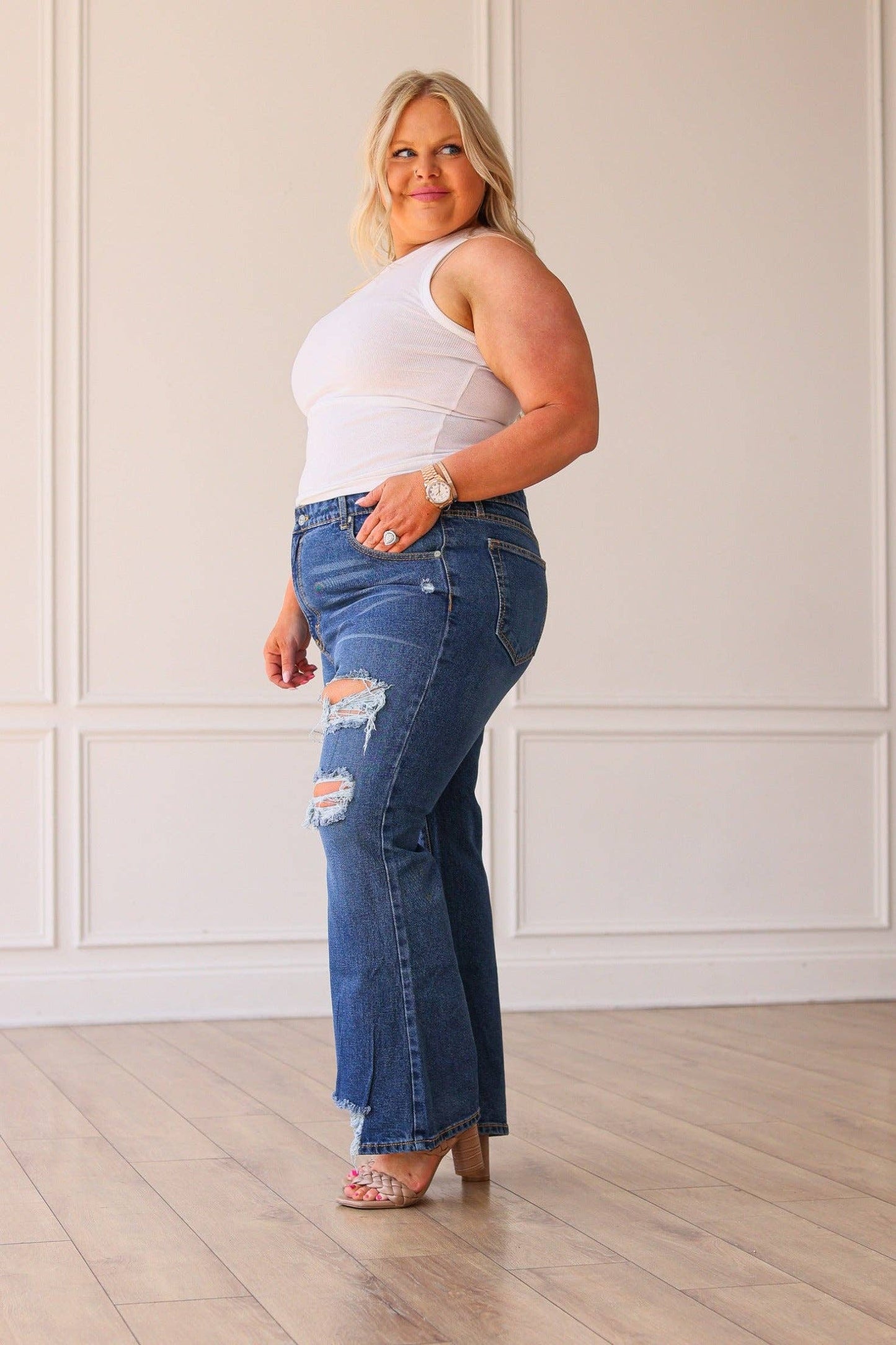 The Blake Mid Washed Mid Rise Distressed Crop Flare: Grace+Emma