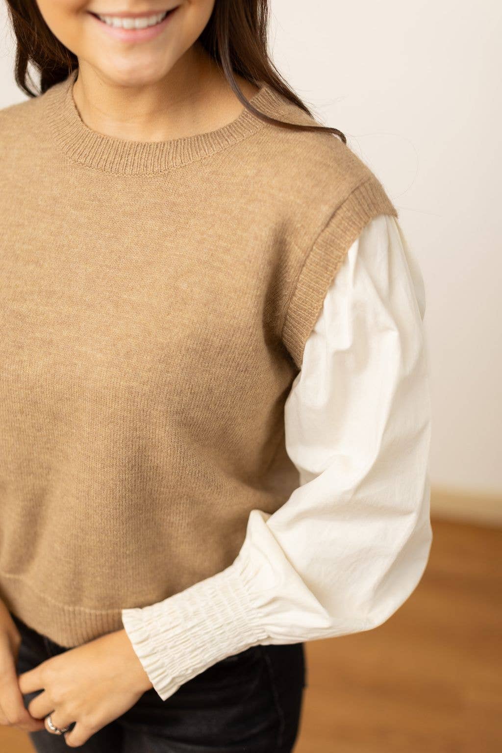 Tan Sweater Vest with Cream Sleeves: Beige Grace+Emma