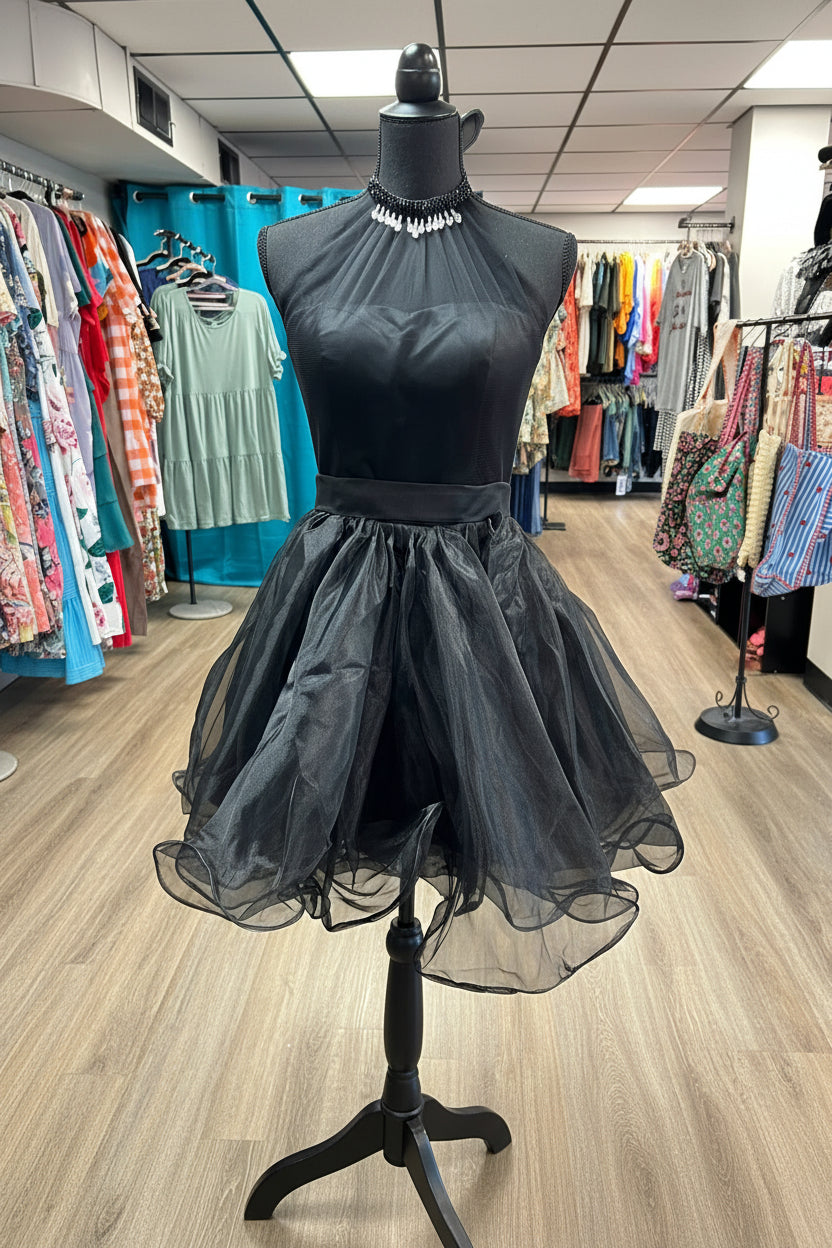 Little black dress with half corset/half zipper back