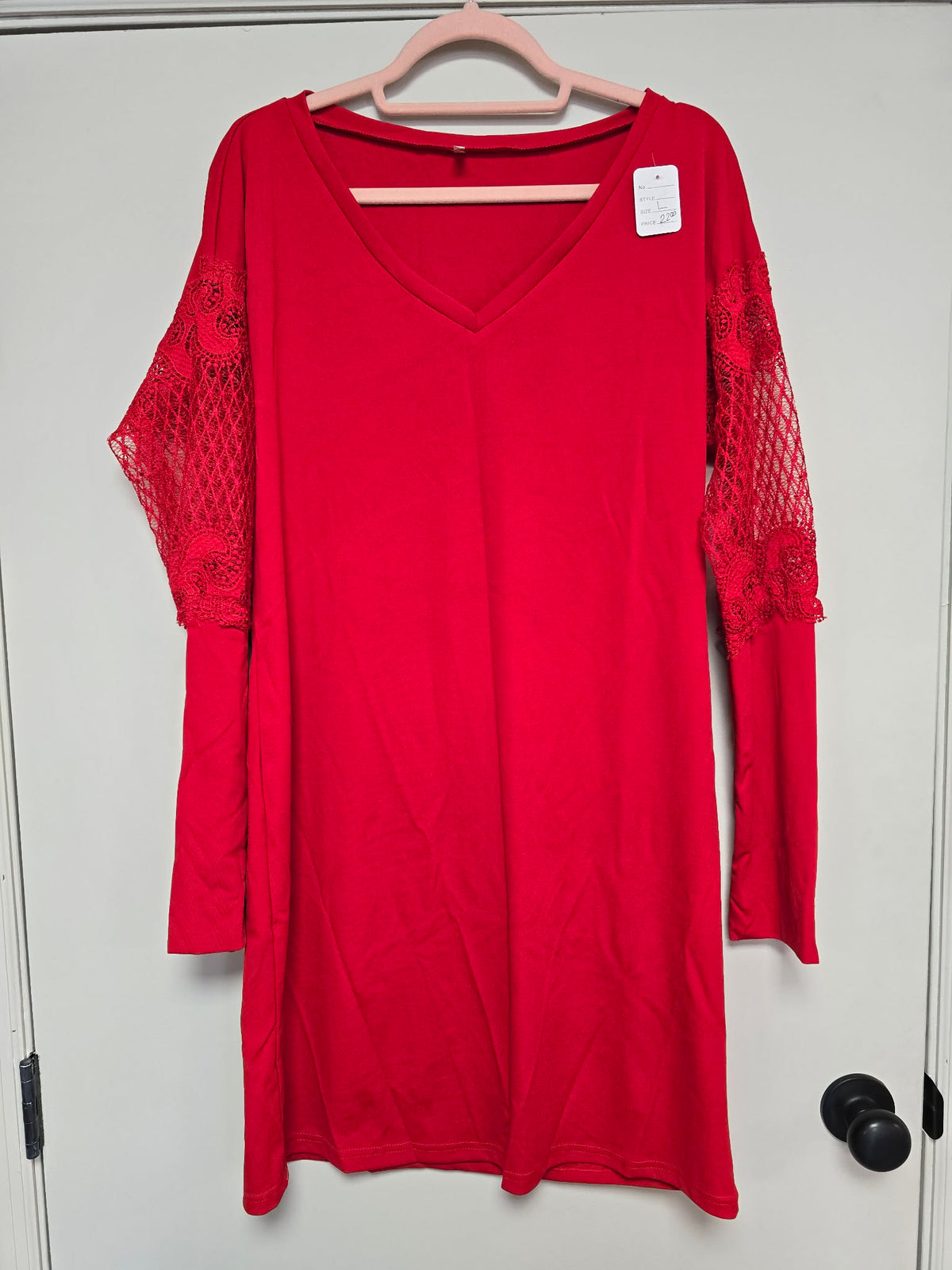 Red long sleeve dress with partial lace sleeves