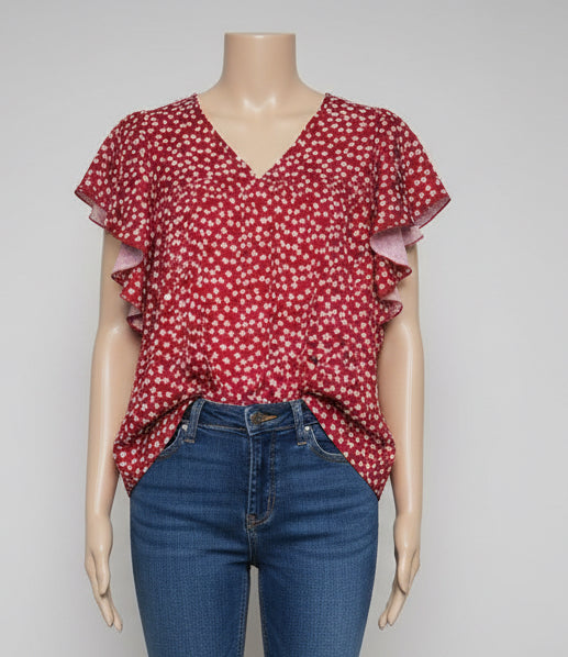 Red floral blouse
